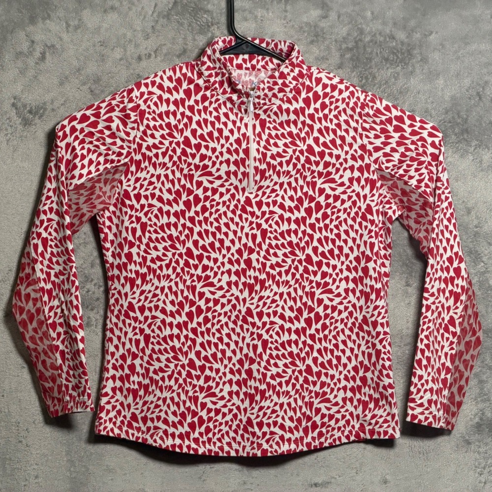 IBKUL Pullover Women Large Red White 1/4 Zip Heart Print Long Sleeve Sun Shirt